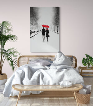 Decorative canvas with red umbrella symbolizing love and hope in a snowy landscape for bedroom