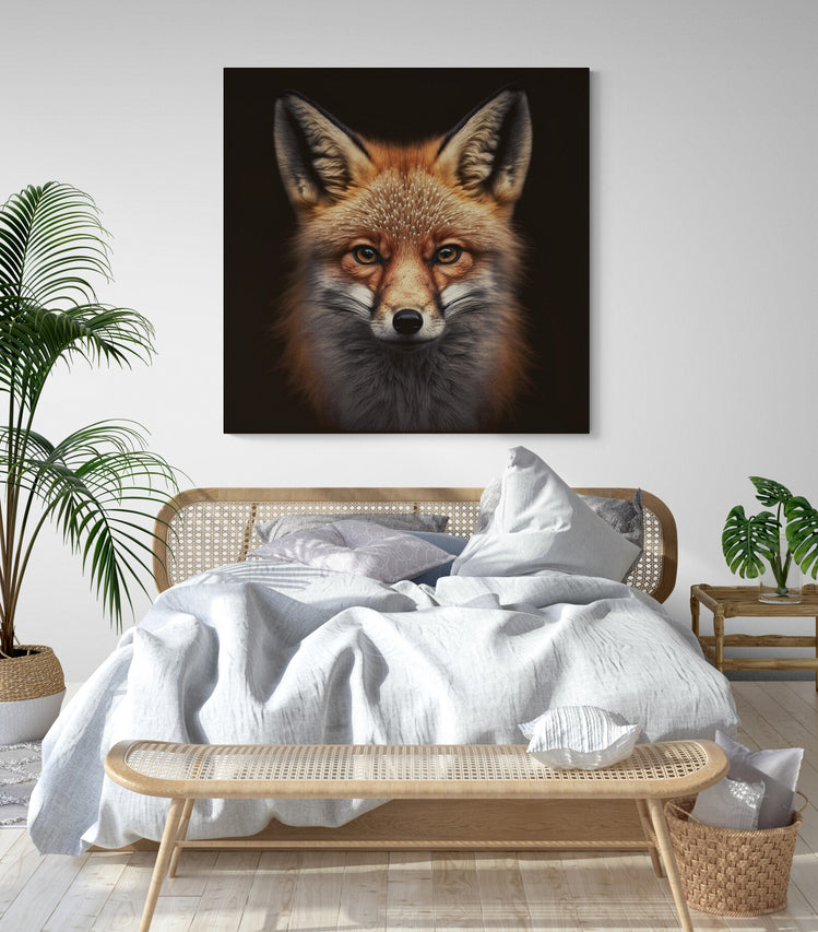 Tableau deco renard en portrait photographie sur fond noir, renard roux au pelage touffu dans chambre