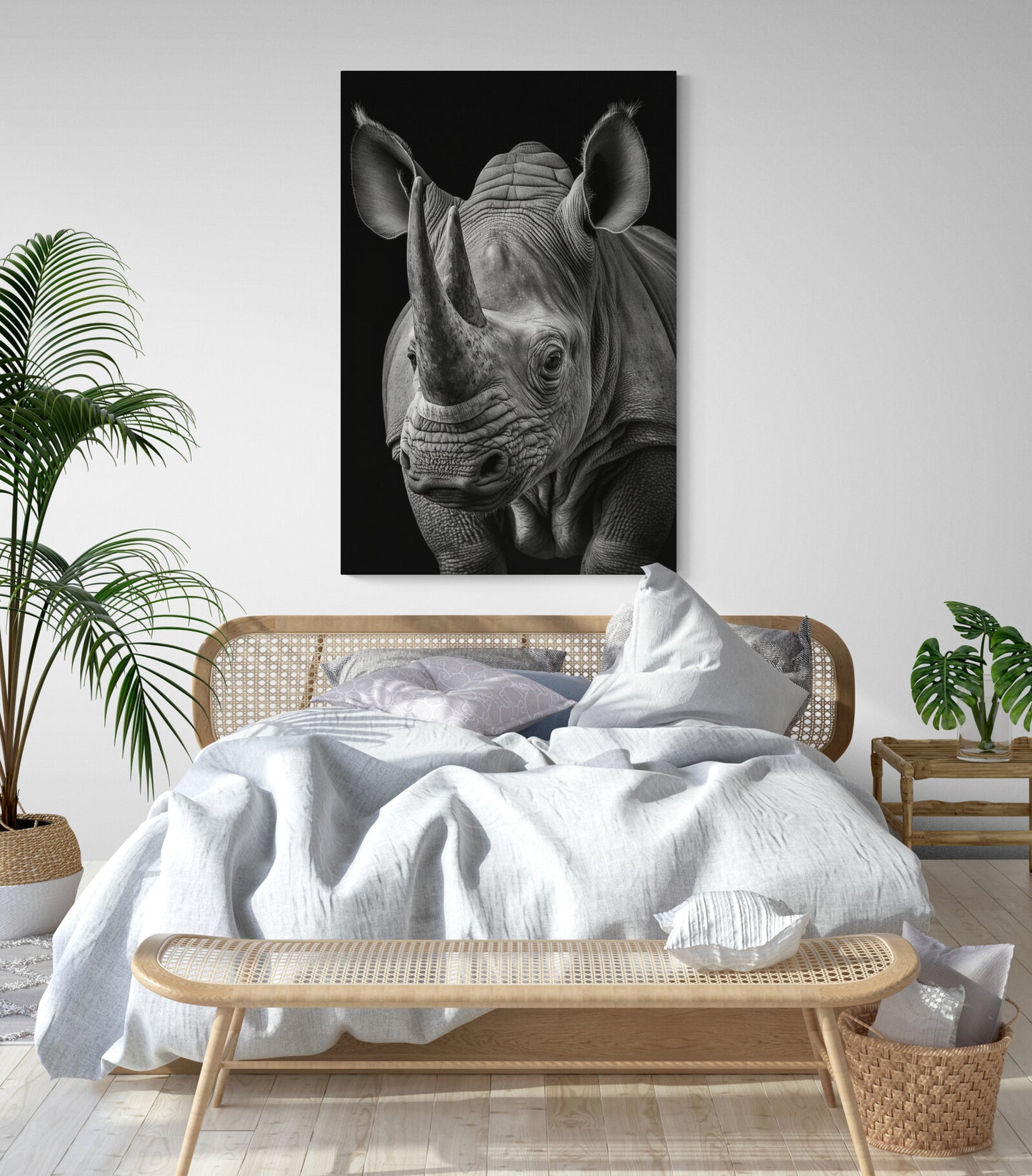 Tableau deco du rhinocéros, photographie noir et blanc en gros plan, animal majestueux, dans une chambre