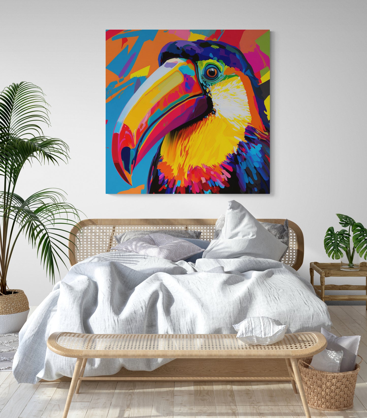 Tableau toile pour chambre toucan en pop art, gros plan sur l'oiseau exotique aux couleurs vives
