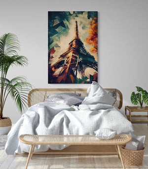Canvas art Eiffel Tower view from below, painting, tricolor sky blue white red