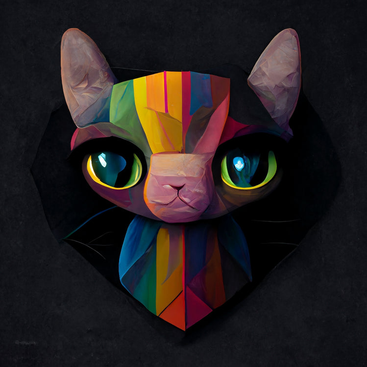 Tableau chat coloré, un portrait sur fond noir