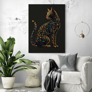 a designer cat art print in a modern living room with white and gray tones