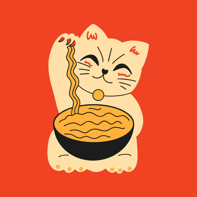 Un tableau orange avec dessin de chat beige assis sur lui-même un bol de nouille dans ces pattes