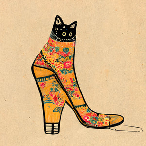 Original cat canvas, a mischievous black cat hidden inside a floral-patterned shoe. Blend of minimalism, Japanese style, and retro touch. The surprised expression of the cat, with only its eyes peeking out, adds a comedic dimension to the artwork.