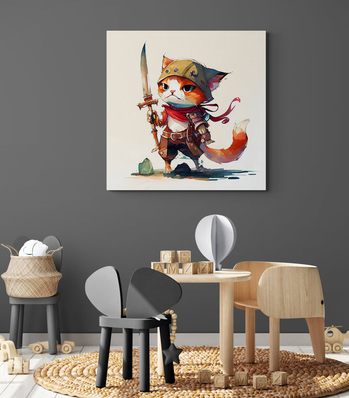 un tableau  avec un chat pirate est accroché dans une salle de jeux pour enfant