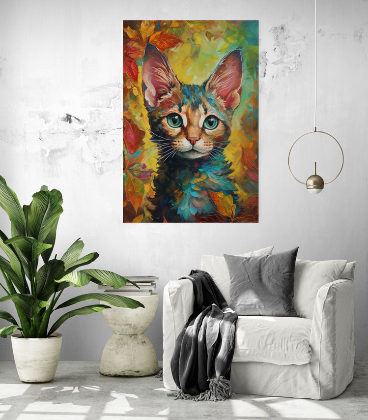 tableau coloré salon, chat avec un fond rêveur, nostalgique et fantaisiste