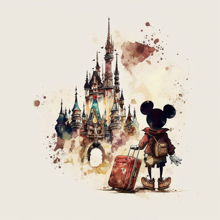 Tableau du château de Disneyland Paris avec Mickey Mouse, réalisé à l'aquarelle.
