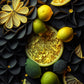 Une photo culinaire vue du haut avec des citrons entiers et des tranches de citron vert et jaune sur un de fleurs aux pétales noirs. Le contraste et intense et artistique. 