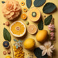Une photo culinaire vue du haut avec des citrons entiers et des tranches de citron jaune et des fleurs disposée autour. Le contraste et intense et artistique. 