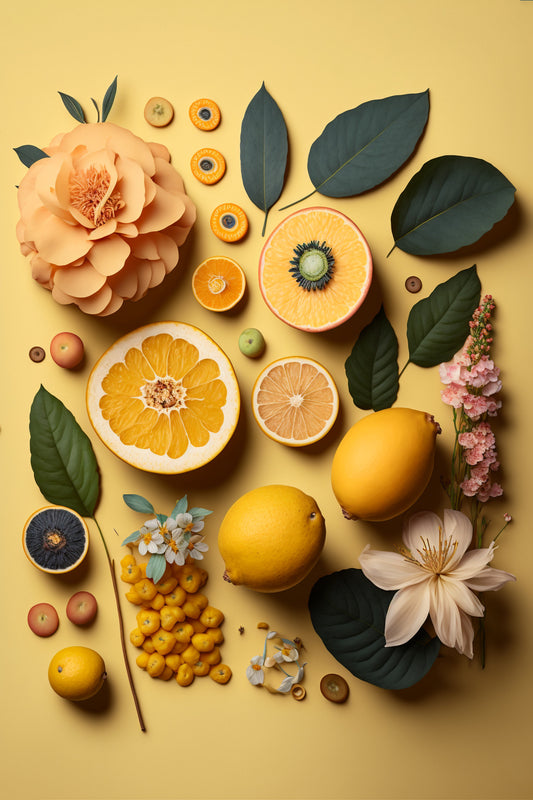 Une photo culinaire vue du haut avec des citrons entiers et des tranches de citron jaune et des fleurs disposée autour. Le contraste et intense et artistique. 