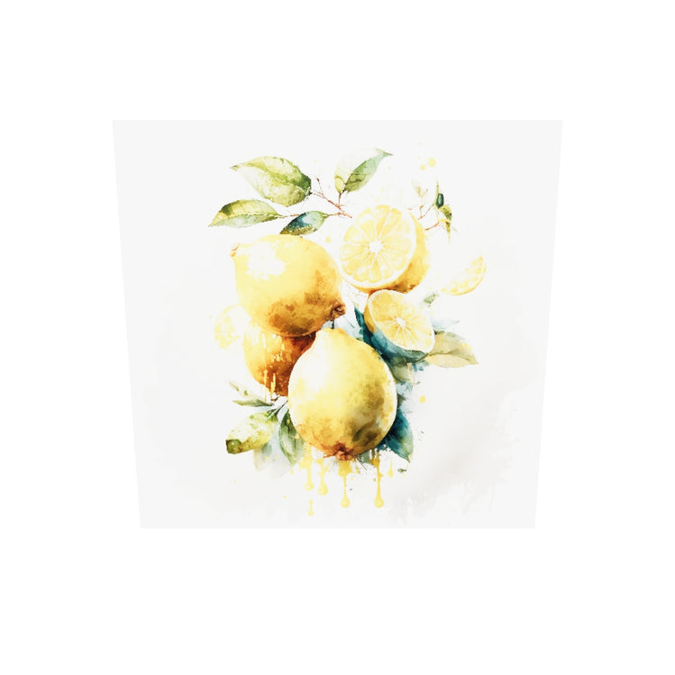 Tableau plexiglas de citrons jaunes peints à l'aquarelle. Les fruits sont juteux et leur peau brillante. L'aquarelle ajoute luminosité et transparence à la peinture, donnant l'impression que les citrons sont prêts à être cueillis. Des coulures ajoutent une touche de mouvement