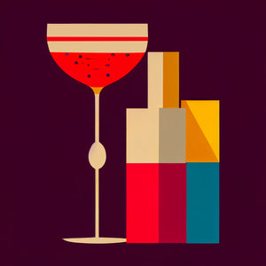 Un tableau pour la cuisine avec une illustration géométrique coloré d'une bouteille et d'un verre de cocktail.