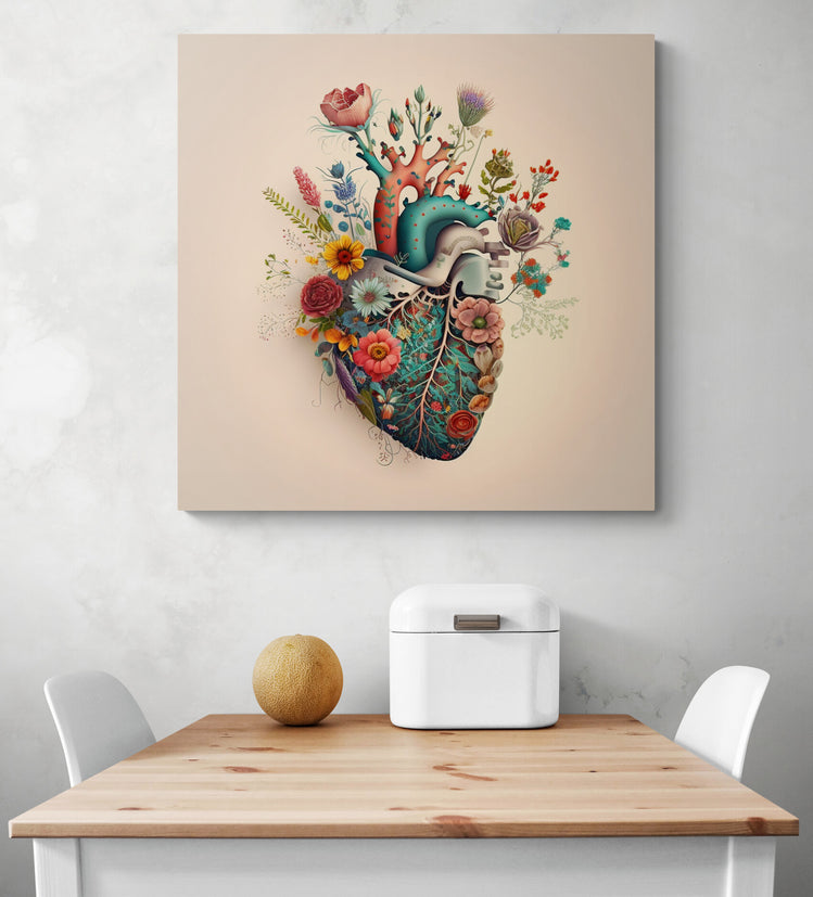 Grand tableau cuisine d'un cœur anatomique en fleurs multicolores. Des détails réalistes du cœur dans un style mexicain. Du rose, violet, rouge, orange etc... tout en restant dans les tons pastel