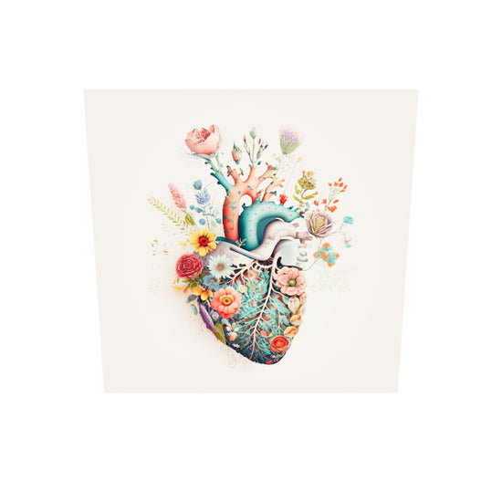 Tableau plexiglass d'un cœur anatomique en fleurs multicolores. Des détails réalistes du cœur dans un style mexicain. Du rose, violet, rouge, des fleurs roses, etc... tout en restant dans les tons pastel