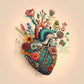 Tableau d'un cœur anatomique en fleurs multicolores. Des détails réalistes du cœur dans un style mexicain. Du rose, violet, rouge, orange etc... tout en restant dans les tons pastel