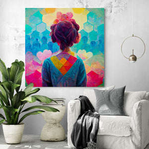 Large vibrant canvas in a living room. It depicts a young girl, her gaze filled with kindness and positivity. She views the world as a wonderful place, full of possibilities and colors. Yellow, pink, blue, and green blend harmoniously to create a bright and welcoming universe. Human shapes in the distance appear to be filled with goodness. An utopian and optimistic vision of the world, much like the one we had as children.