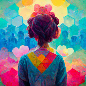 Vibrant canvas in the living room. It depicts a young girl, her gaze filled with kindness and positivity. She views the world as a wonderful place, full of possibilities and colors. Yellow, pink, blue, and green harmoniously blend to create a bright and welcoming universe. Human shapes in the distance seem filled with goodness. An utopian and optimistic vision, like the one from our childhood.