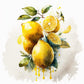 Tableau d'une grappe de citrons jaunes peints à l'aquarelle. Les fruits sont juteux et leur peau brillante. L'aquarelle ajoute luminosité et de transparence à la peinture, donnant l'impression que les citrons sont prêts à être cueillis. Des coulures ajoutent une touche de mouvement