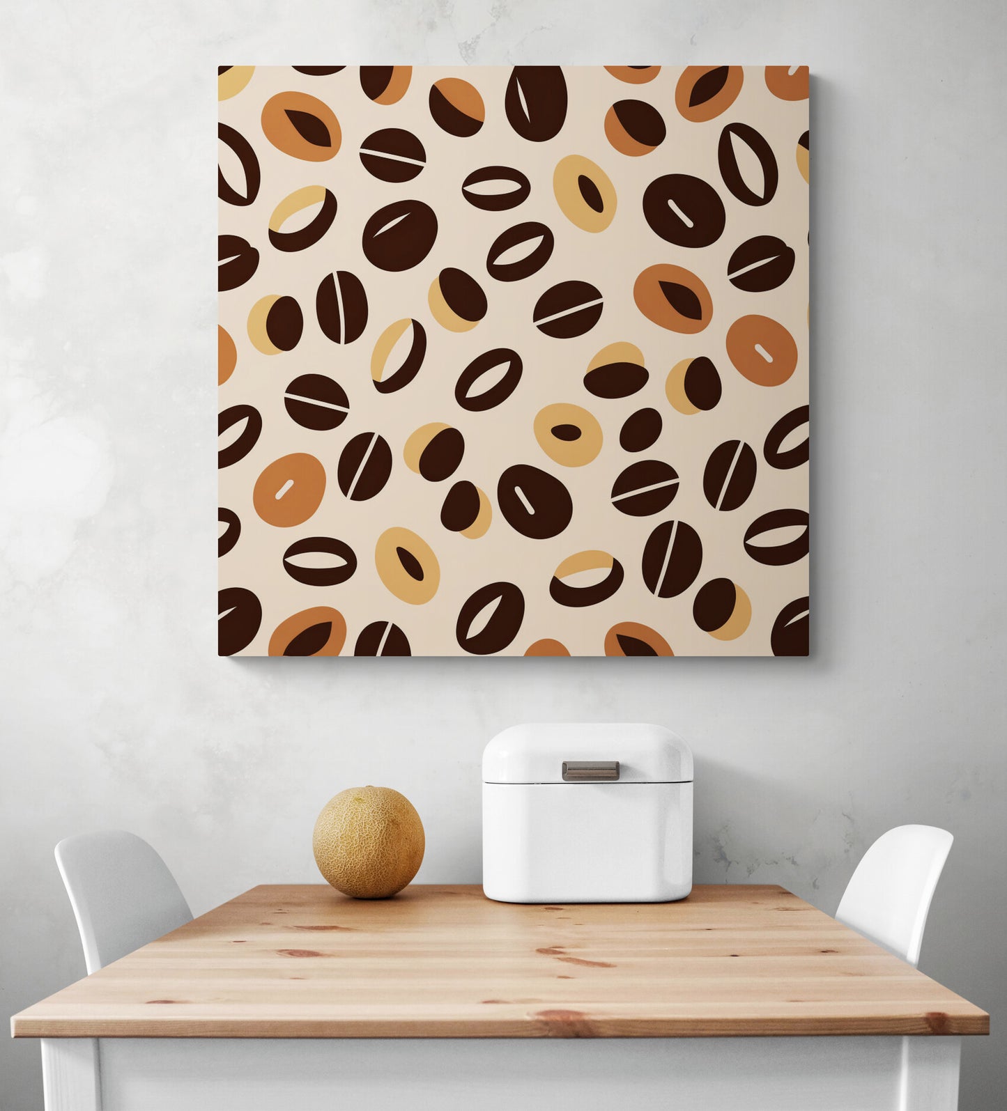 Grand tableau cuisine, accrocher sur un mur, tableau motif grains de café. Aux couleurs marron, orange et beige, inspiré du style africain, des grains de café qui se répètent avec des variances dans les formes
