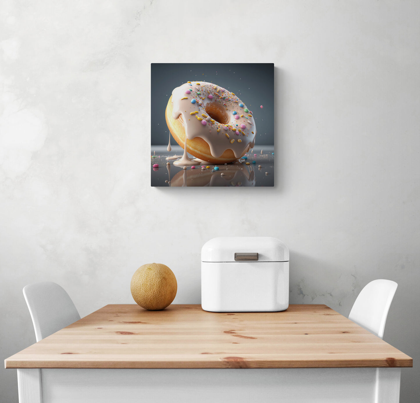 Petit tableau photo sur le mur d'une cuisine d'un donut moelleux et fondants en haute-définition. Sa saveur semble fruitée et sucré. Le glaçage couleur neige recouvre ce délicieux gâteau léger et crémeux. Des toppings multicolores viennent offrir une jolie touche esthétique à ce délice.
