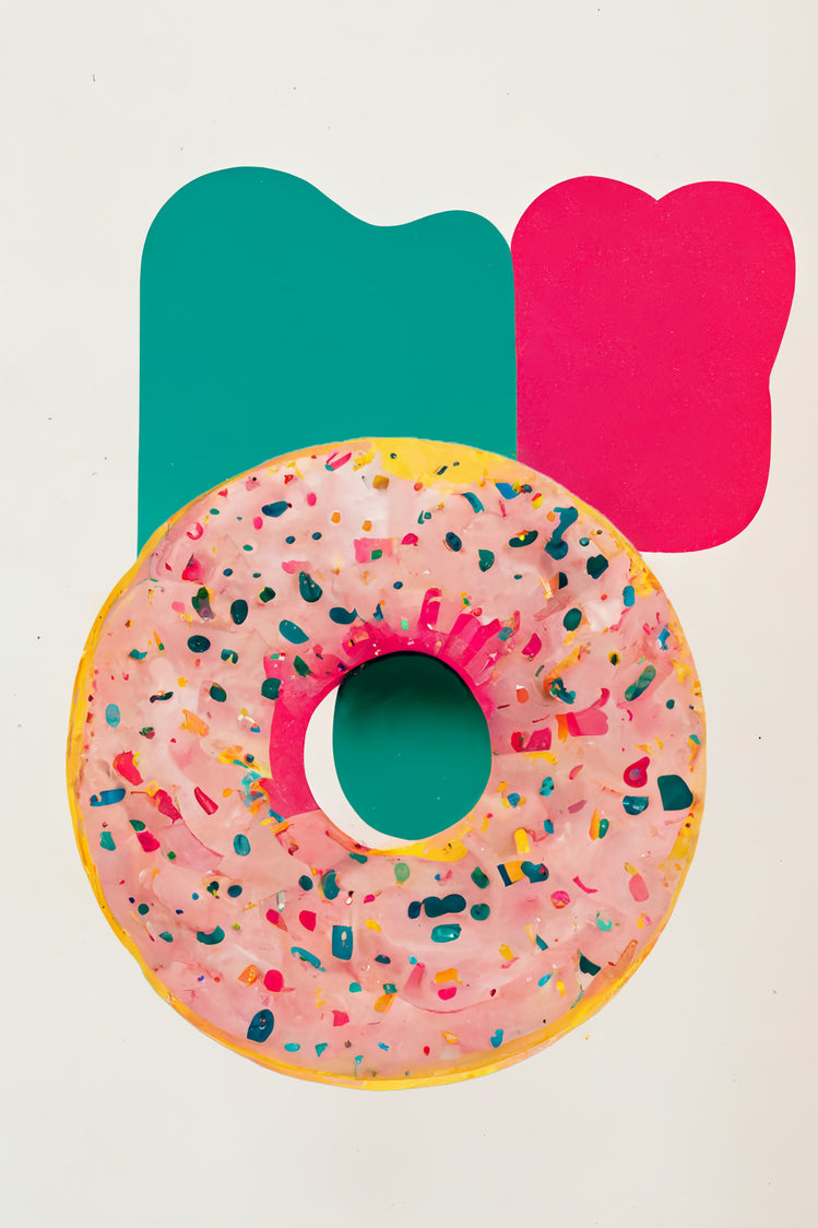 Tableau pour cuisine d'un donut dessiné à la main. Crème de couleur rose et est parsemée de pépites multicolores. L'arrière-plan du tableau est composé de deux traces de peinture, un beau rouge et l'autre verte, qui ajoutent de la profondeur et de la dimension à l'ensemble. Le tableau est très esthétique et aux couleurs vives. Minimaliste, ce tableau dégage une touche de fraîcheur et de féminité combinée au donut qui ajoute vie et gourmandise