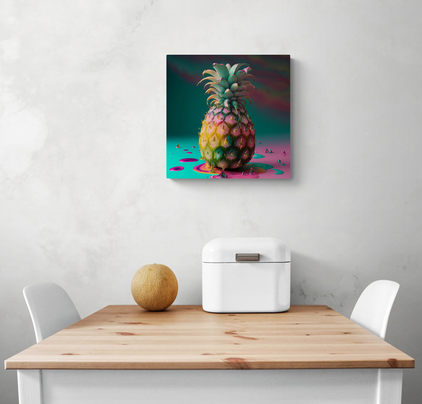Beau tableau dans une cuisine d'un ananas mis en valeur par des couleurs vives et flashy comme le rose et le bleu turquoise. Noble et élégant, plein de vie, sa chair est juteuse et sa peau dorée. Pour les optimistes qui apprécient la vie en couleurs, même la pluie est rendue agréable et désirable