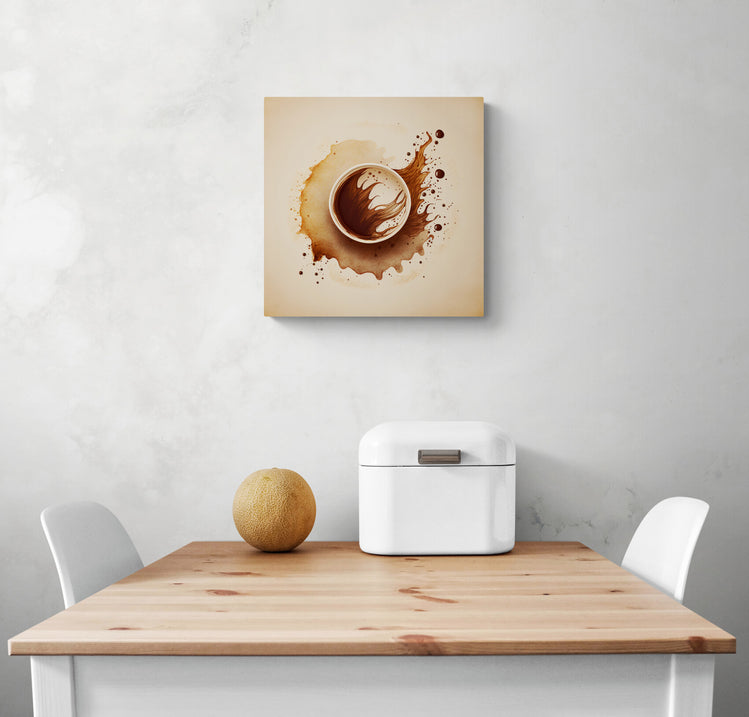 Petit tableau mural, accrocher sur un mur blanc, aux couleurs légères, mélange de marron et de beige. Ambiances calmes et apaisantes, au style minimaliste. Une tasse de café, symbolisant la routine, est mise en contraste avec l'expression de mouvement et de désordre de l'aquarelle.