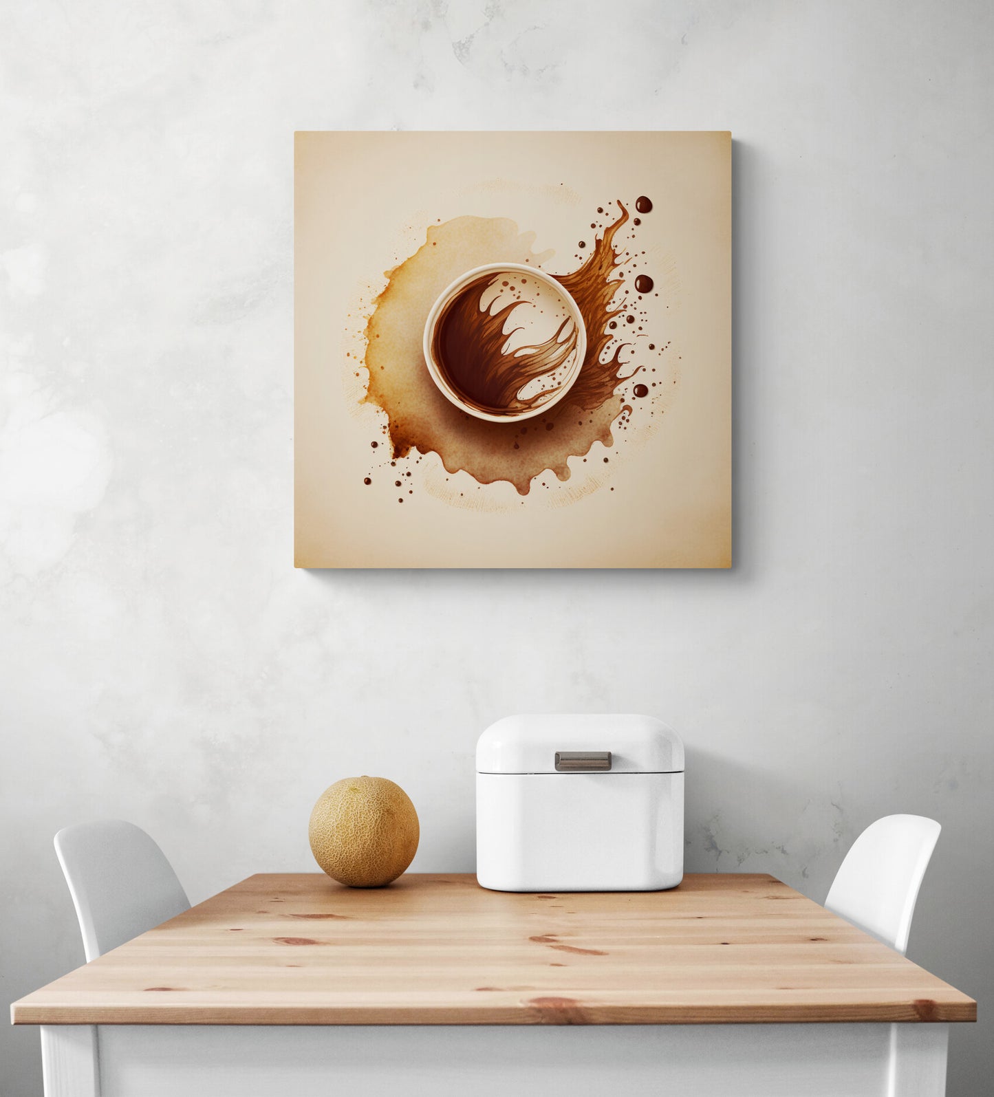 Cadre toile de taille moyenne, accrocher sur un mur blanc, aux couleurs légères, mélange de marron et de beige. Ambiance calme et apaisante, au style minimaliste. Une tasse de café, symbolisant la routine, est mise en contraste avec l'expression de mouvement et de désordre de l'aquarelle.