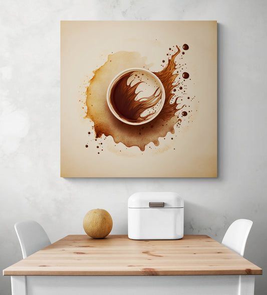 Grand tableau de cuisine, accrocher sur un mur blanc, aux couleurs légères, mélange de marron et de beige. Ambiance calme et apaisante, au style minimaliste. Une tasse de café, symbolisant la routine, est mise en contraste avec l'expression de mouvement et de désordre de l'aquarelle.