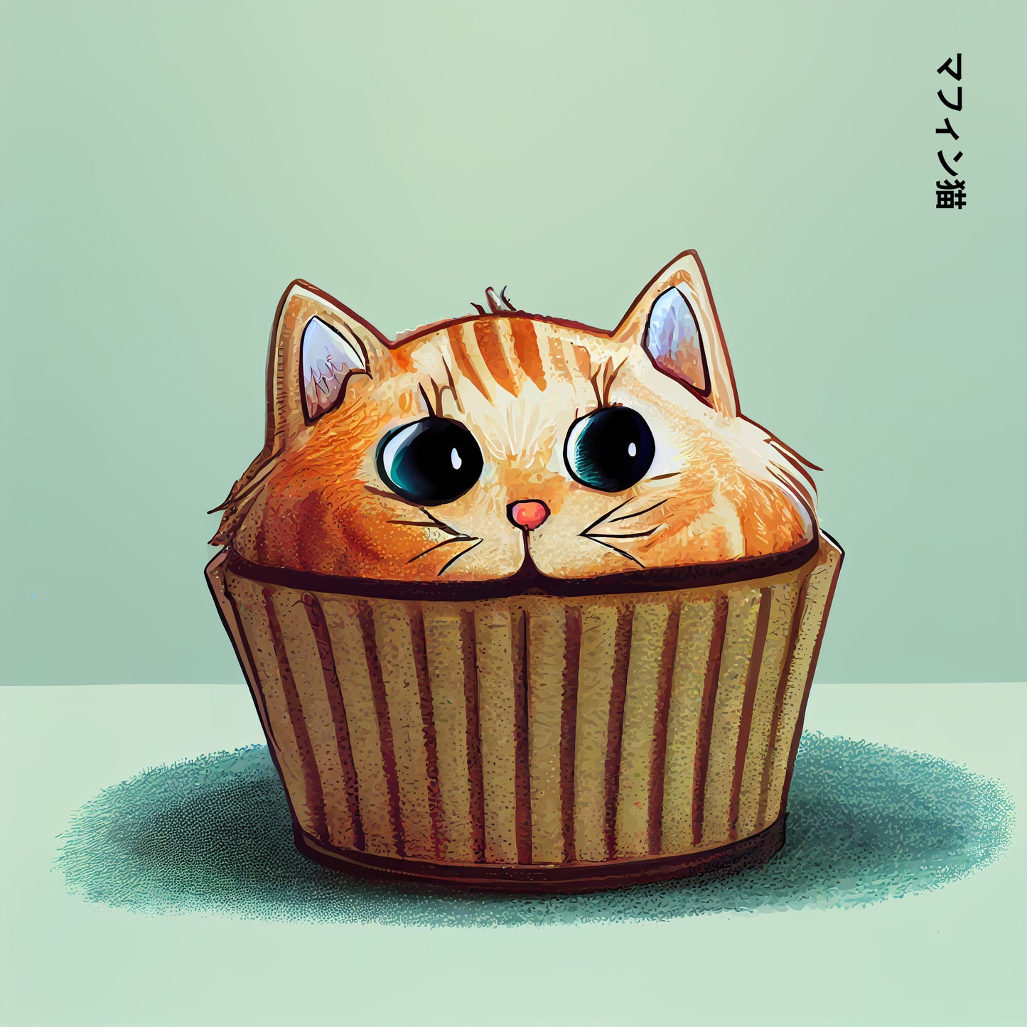 Ce tableau s'amuse à fusionner un muffin et un chat. La crème est remplacée par la tête d'un chat mignon et roux aux couleurs orange. Posé sur son moule marron, aux grands yeux rond, il est plein de vie et de personnalité. Le tout sur un fond bleu ajoute une touche de fraîcheur à l'ensemble