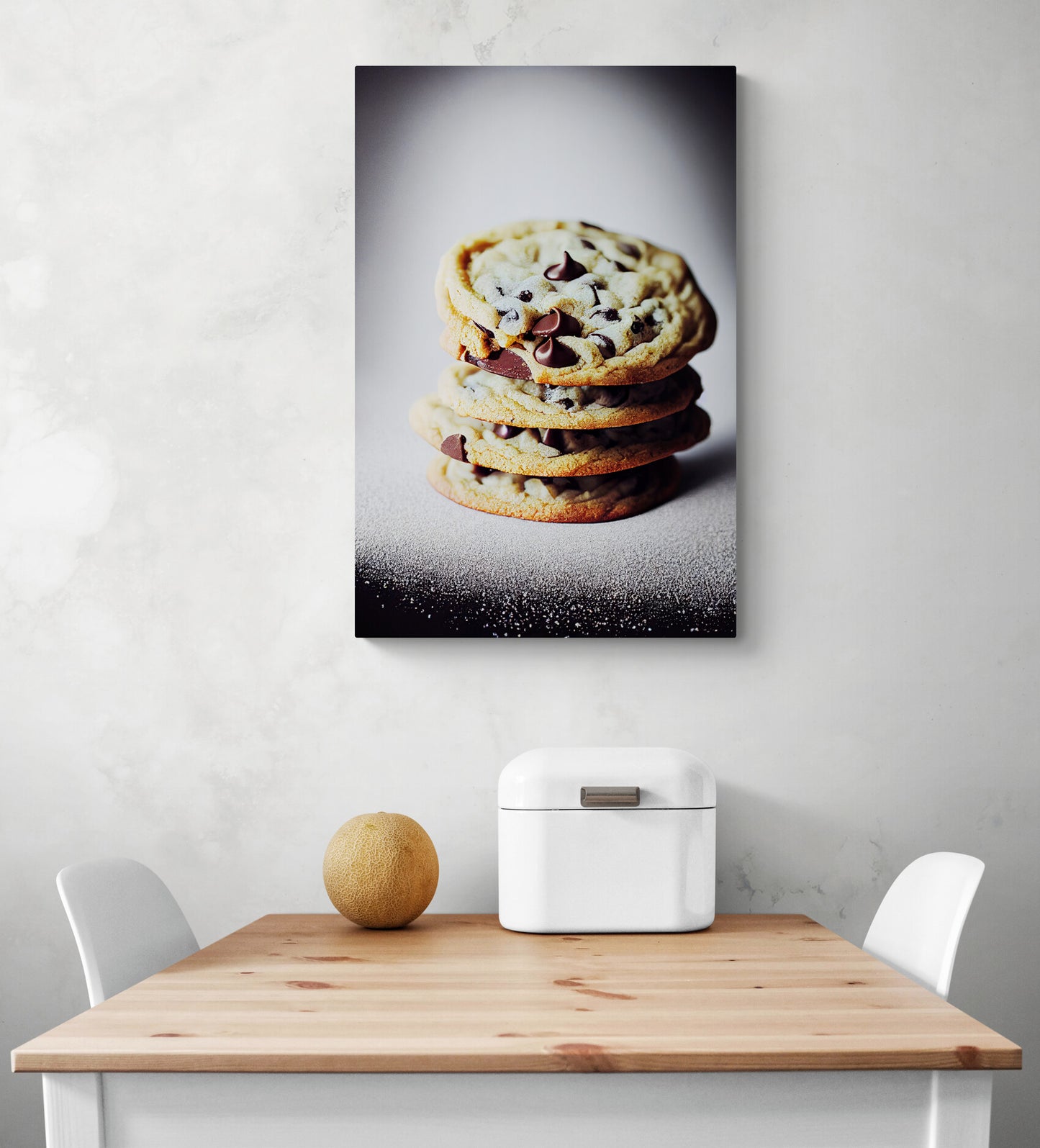 Tableau déco cuisine est accroché sur un mur blanc. C’est une photo de cookie aux pépites de chocolats. Le tableau cuisine est placé ce au-dessus d'une table à manger blanche, deux chaises sont de chaque côté de la table. Une boîte à pain en métal blanc et un melon sont sur la table
