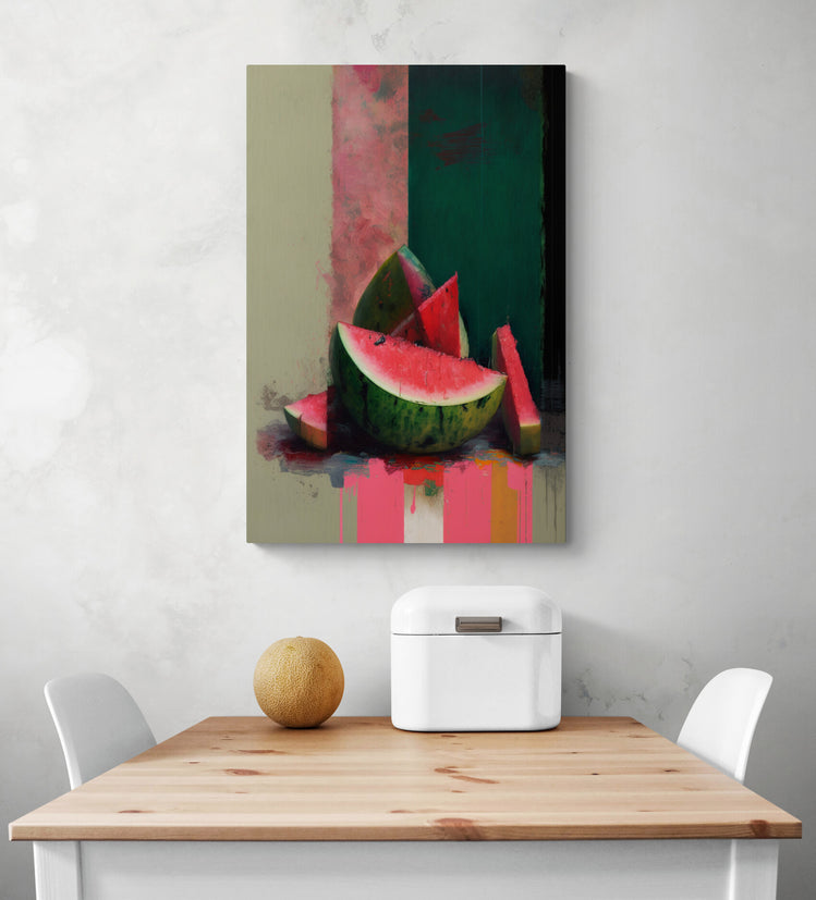 Tableau decoratif représentant des tranches de pastèque. Aux lignes courbes et couleurs évoquent la fraîcheur de ce fruit juteux dans cuisine blanche