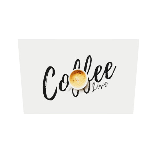 Tableau plexiglass d'une tasse de café avec mousse d'un expresso, coffee love ecrit en typographie manuscrit sur un fond blanc