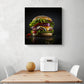 Tableau cuisine, tableau hamburger, tableau de decoration de taille moyenne d'une photo representant un hamburger en gros plan, à l'allure très apétissante avec steak, fromage, oignon, salade, tomate. Accrocher au mur d'une cuisne