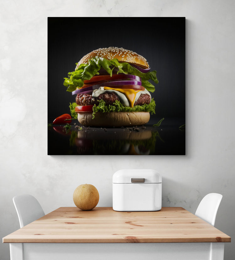 Grand tableau cuisine, tableau hamburger, tableau deco, tableau de decoration d'une photo representant un hamburger en gros plan, à l'allure très apétissante avec steak, fromage, oignon, salade, tomate