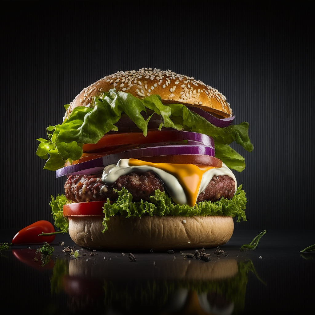 Tableau pour cuisine, tableau hamburger, tableau deco, tableau de decoration d'une photo representant un hamburger en gros plan, à l'allure très apétissante avec steak, fromage, oignon, salade, tomate
