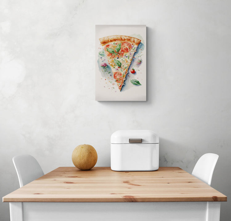 Petite toile peinte, pizza tableau dans une cuisine, peint à l'aquarelle, on y voit une belle part de pizza avec tomate fraiche et mozzarelle fondante, inspiré de l'artiste Beatrix Potter