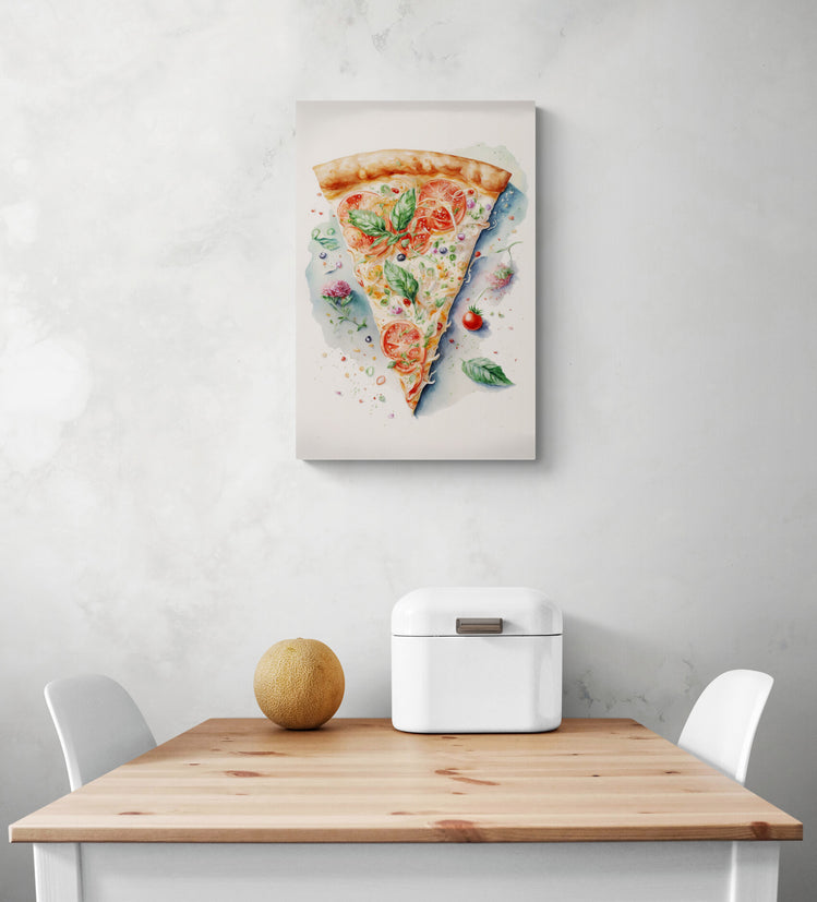 Tableau sur toile, tableau pizza dans une cuisine, de taille moyenne, peint à l'aquarelle, on y voit une belle part de pizza avec tomate fraiche et mozzarelle fondante, inspiré de l'artiste Beatrix Potter
