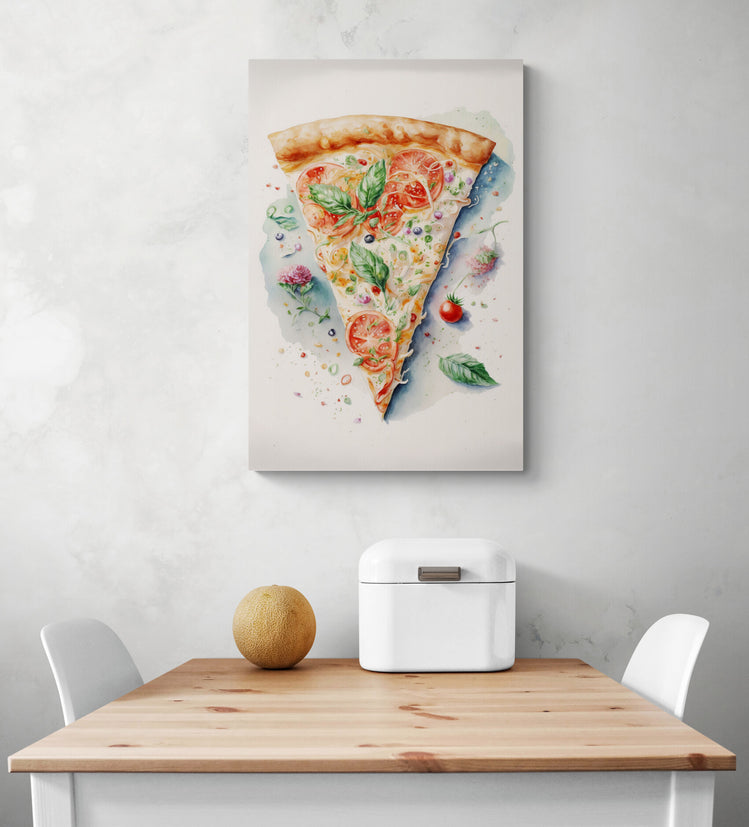 Grande déco mural, tableau pizza dans une cuisine, peint à l'aquarelle, on y voit une belle part de pizza avec tomate fraiche et mozzarelle fondante, inspiré de l'artiste Beatrix Potter