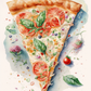 Tableau pizza pour cuisine, peint à l'aquarelle, on y voit une belle part de pizza avec tomate fraiche et mozzarelle fondante, inspiré de l'artiste Beatrix Potter