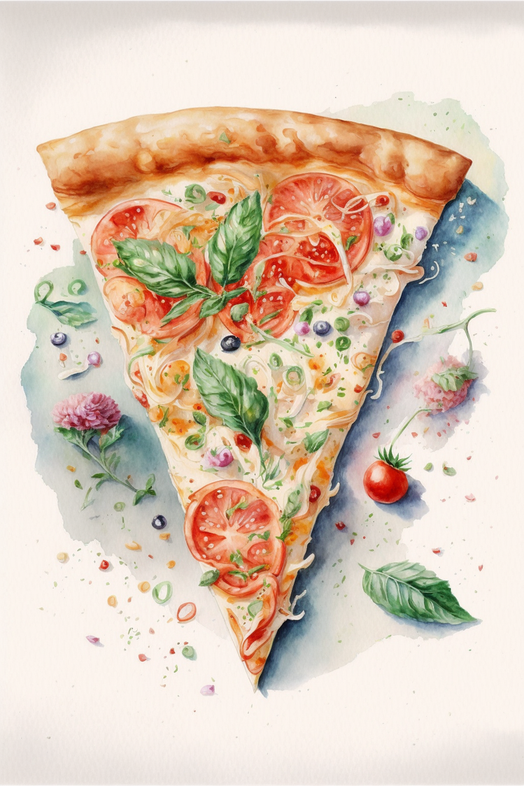 Tableau pizza pour cuisine, peint à l'aquarelle, on y voit une belle part de pizza avec tomate fraiche et mozzarelle fondante, inspiré de l'artiste Beatrix Potter