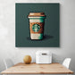 Une tasse de café Starbucks en pixel art sur toile de coton de grande taille, dans une cuisine blanche et épuré, avec des couleurs marron et vert contrastantes pour une esthétique raffinée et confortable. L’impression rendu est cosi et chaleureuse