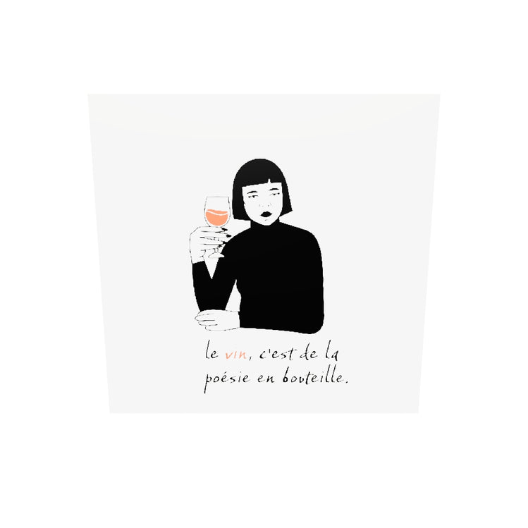 un tableau plexiglass cuisine qui tourne sur lui-même avec une illustration d'une femme qui tient un verre de vin et une citation.
