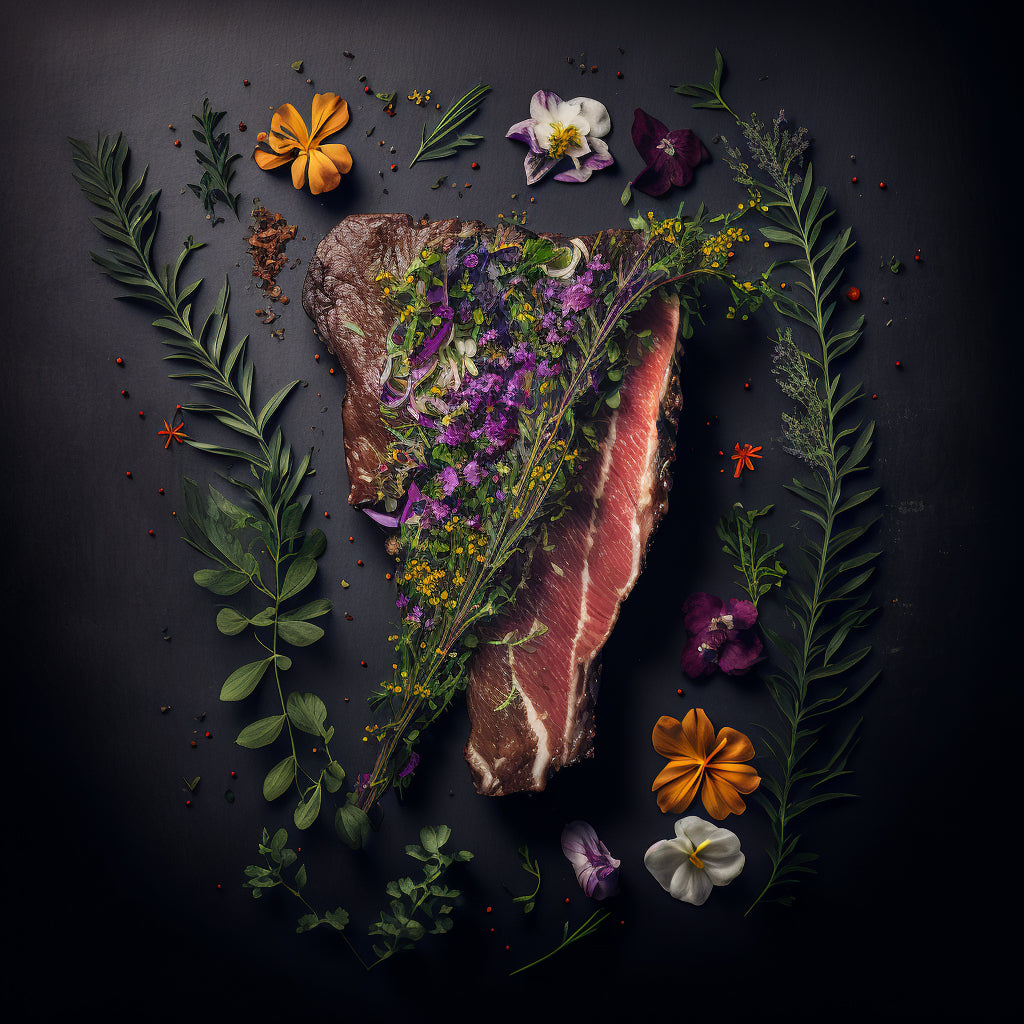Tableau de décoration de cuisine d'un steak juteux et parfaitement cuit d'un côté, et la viande fraîche et crue de l'autre. Entouré de fleurs et d'épices colorées pour accompagner cette pièce de choix. Sur fond noir pour mettre en valeur ce mets appétissant