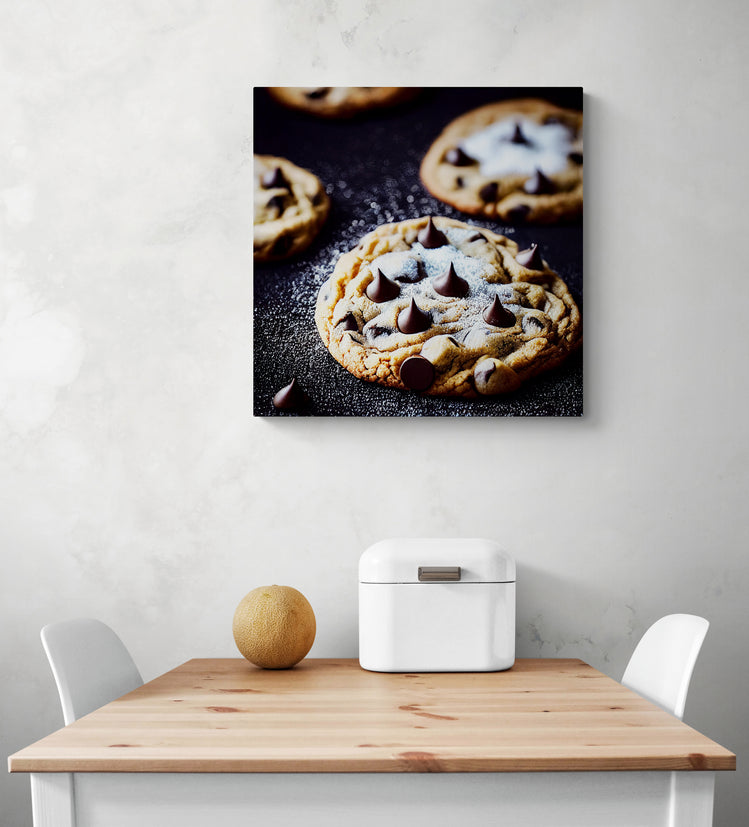tableau déco cuisine avec une photo de cookies est accroché sur le mur d'une cuisine en dessous une table en bois et deux chaises blanches