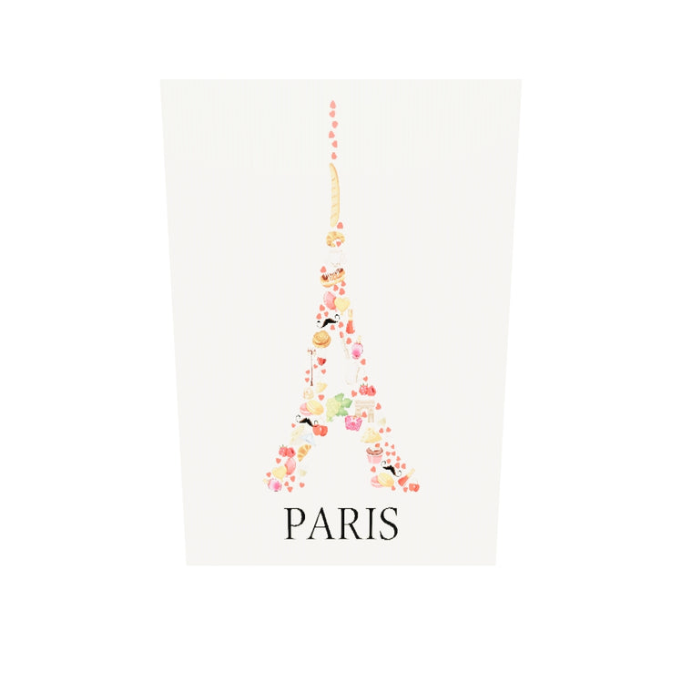 Un tableau en verre qui tourne sur lui-même avec une illustration de la tour Eiffel sur un fond jaune