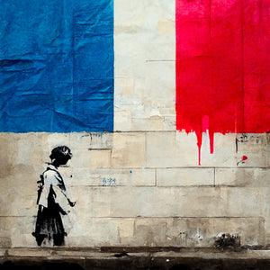 Banksy canvas art. Through her innocent eyes, a young girl discovers French suffering, inspired by Banksy's work. The imposing grandeur of the flag symbolizes hope and the determined fight for a better, brighter world.