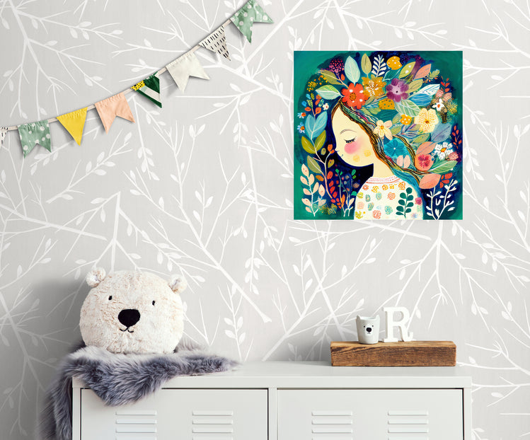 toile murale chambre fillette avec illustration enfant fleurs dans les cheveux