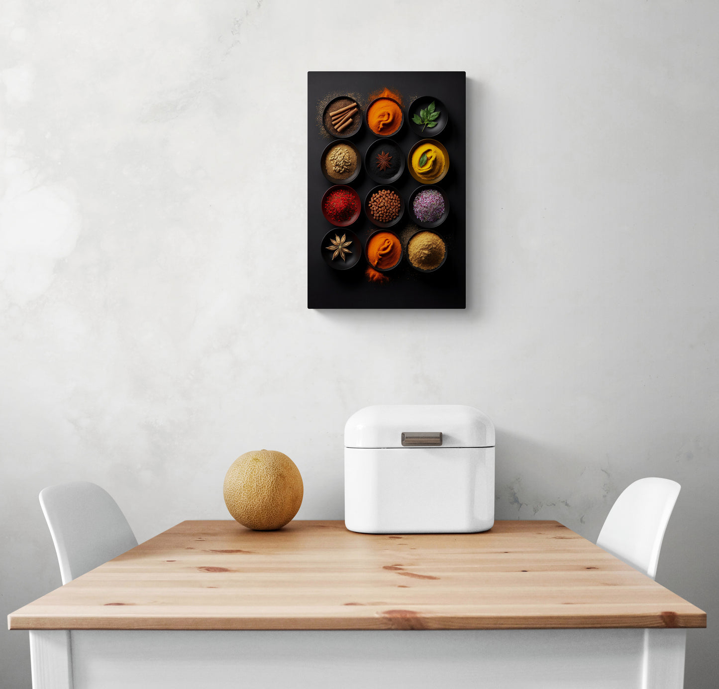 tableau noir deco cuisine avec une photographie de petit bol d'épices colorées est accrochée dans une cuisine au décor sobre et épuré 